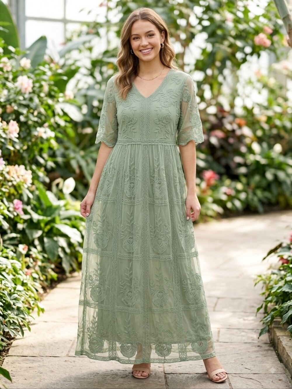 Tee N Rose Sage Green Floral Embroidered Mesh Lace Maxi Dress Size Medium